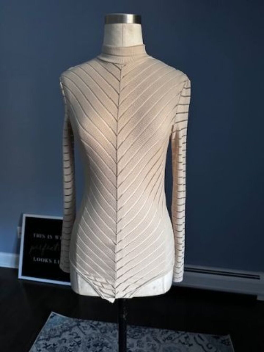 NWT Pretty Little Thing Nude Chevron Mesh Long Sleeve Thong Bodysuit Small